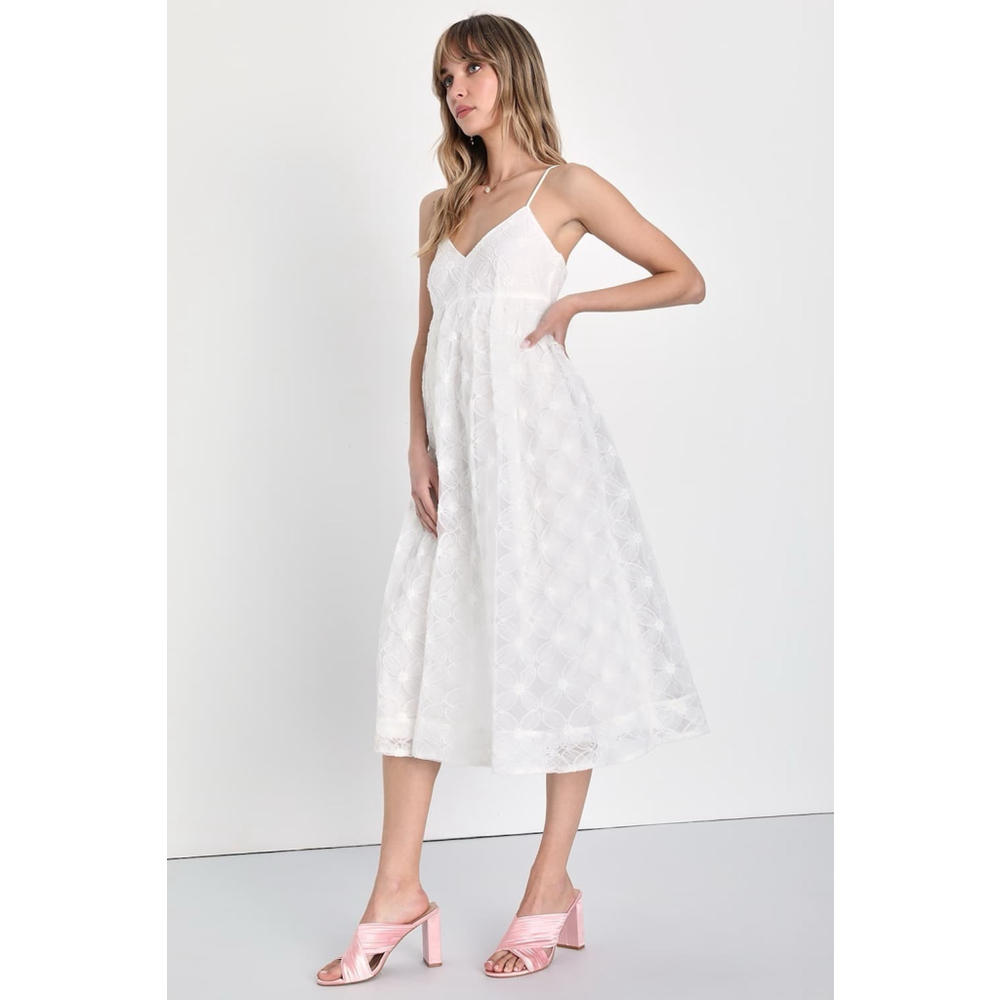 Lulu's Radiant Elegance Ivory Floral Tulle Midi Dress S White Feminine Babydoll